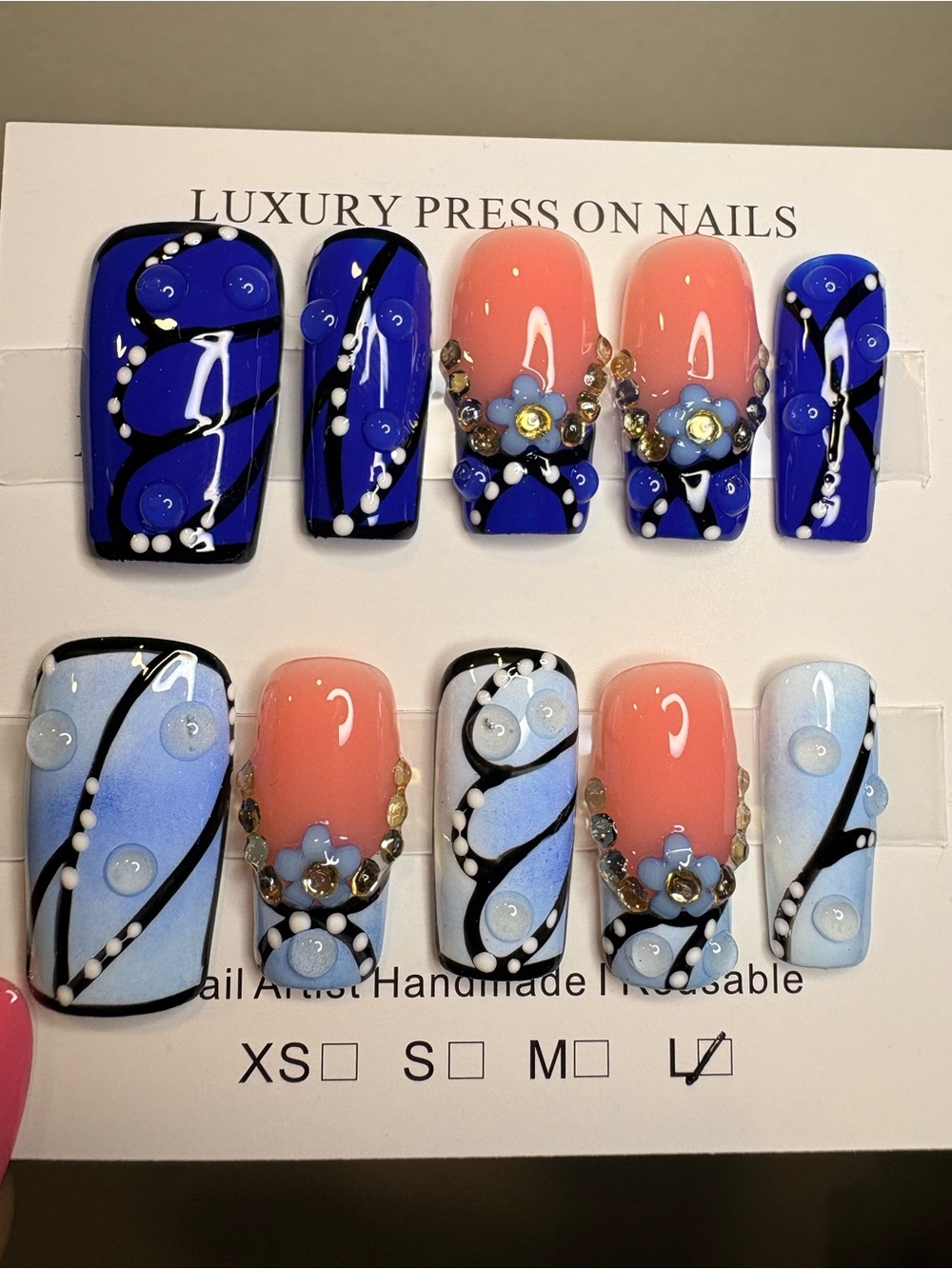 Handmade Blue & Peach Press-On Nail Set with Rhinestones - Picture 2 of 2